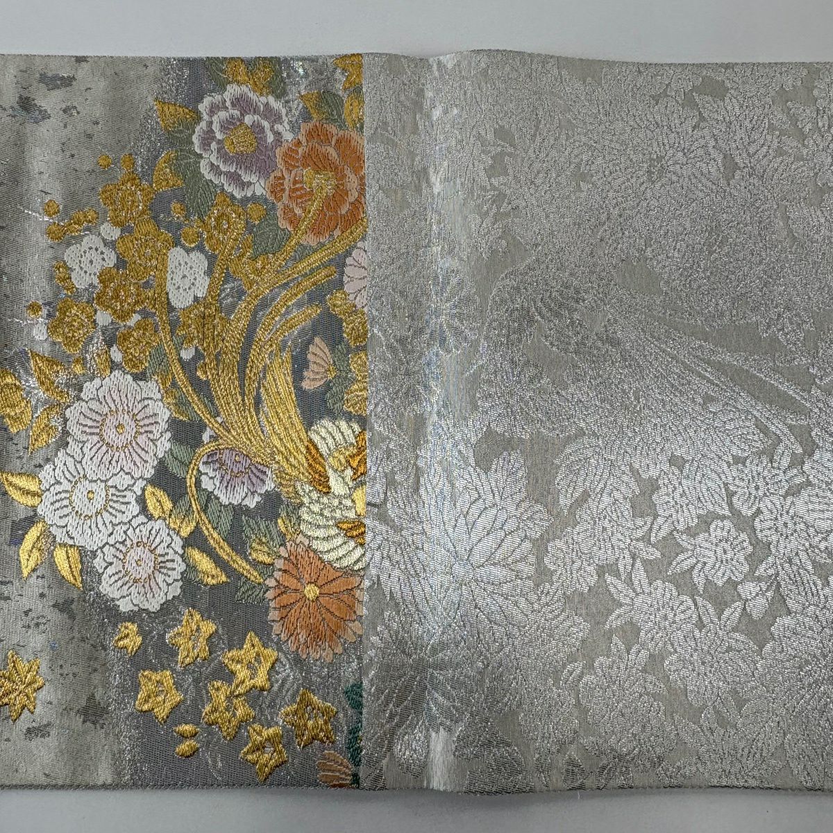 【美品】 袋帶 秀品級 鳳凰 草花紋 金糸 金金箔 金 六通 純蠶絲