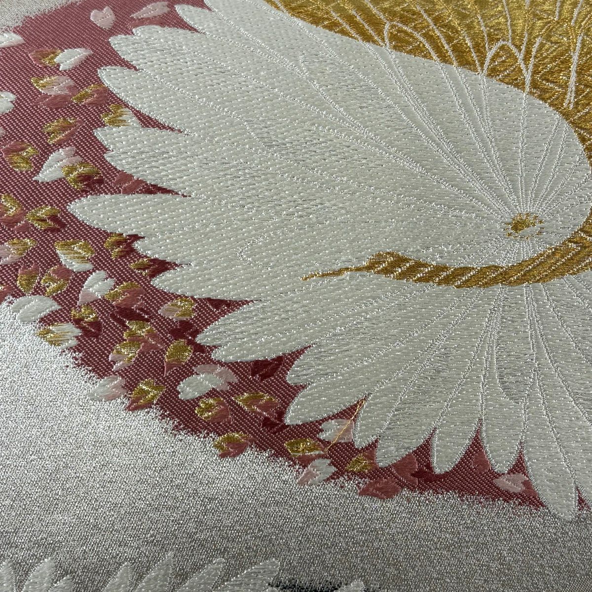 袋帶 秀品級 砂金織 菊花 仙鶴 金銀糸 金金箔 灰茶 六通 純蠶絲
