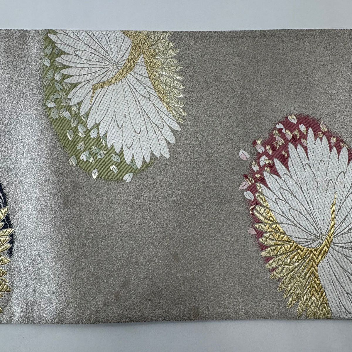 袋帶 秀品級 砂金織 菊花 仙鶴 金銀糸 金金箔 灰茶 六通 純蠶絲