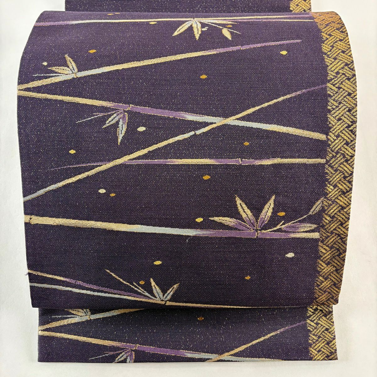 【美品】 袋帶 秀品級 竹子 桧垣 金糸 金金箔 紫 六通 純蠶絲