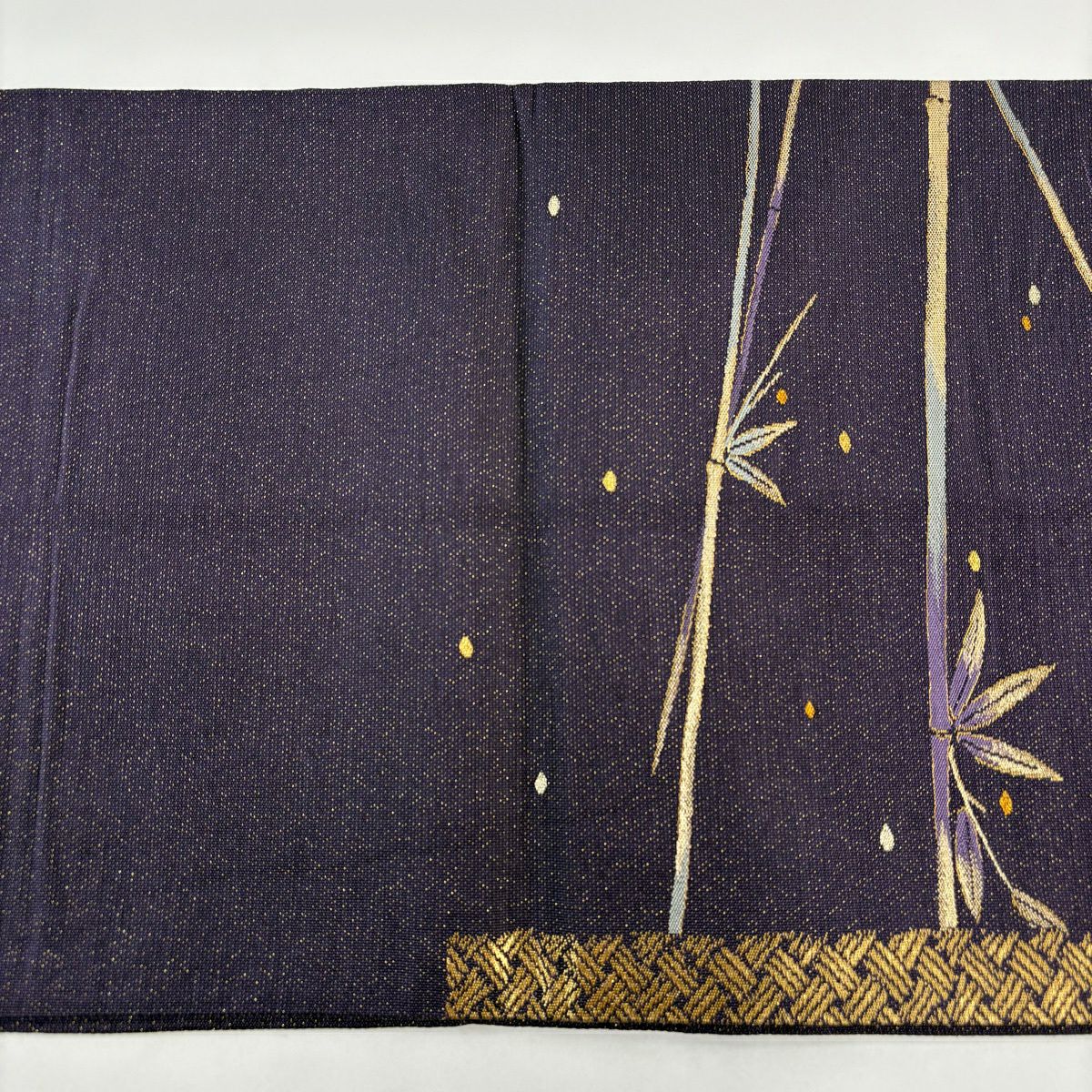【美品】 袋帶 秀品級 竹子 桧垣 金糸 金金箔 紫 六通 純蠶絲