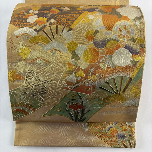 袋帶 秀品級 扇子子 松樹梅花 金絲 金銀彩 金色 大鼓圖案 純蠶絲