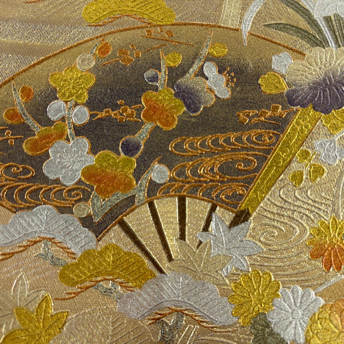 袋帶 秀品級 扇子子 松樹梅花 金絲 金銀彩 金色 大鼓圖案 純蠶絲