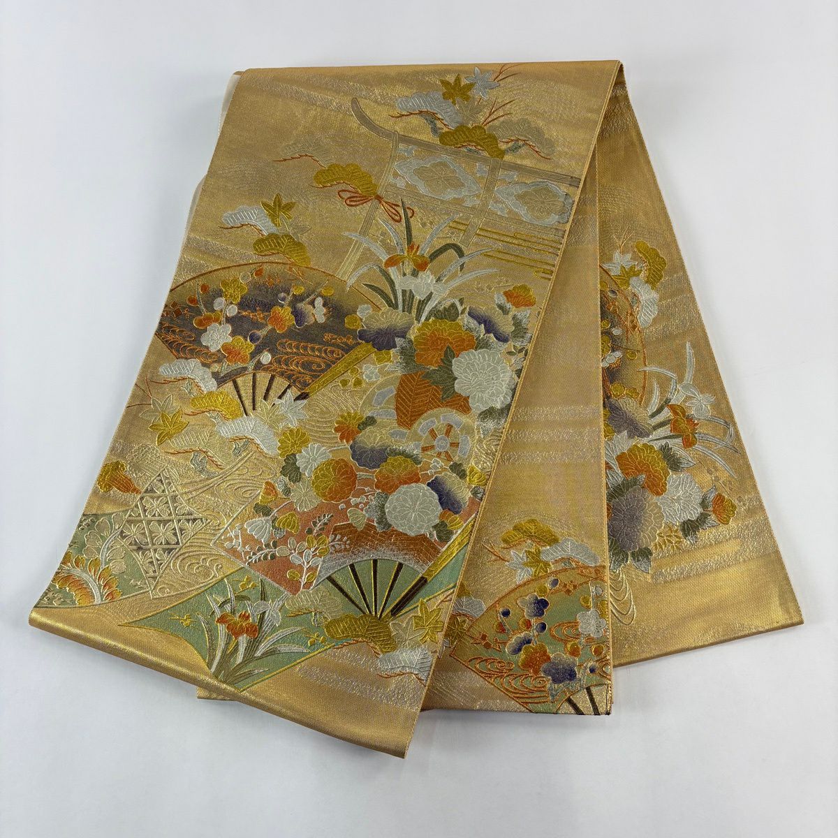 袋帶 秀品級 扇子子 松樹梅花 金絲 金銀彩 金色 大鼓圖案 純蠶絲