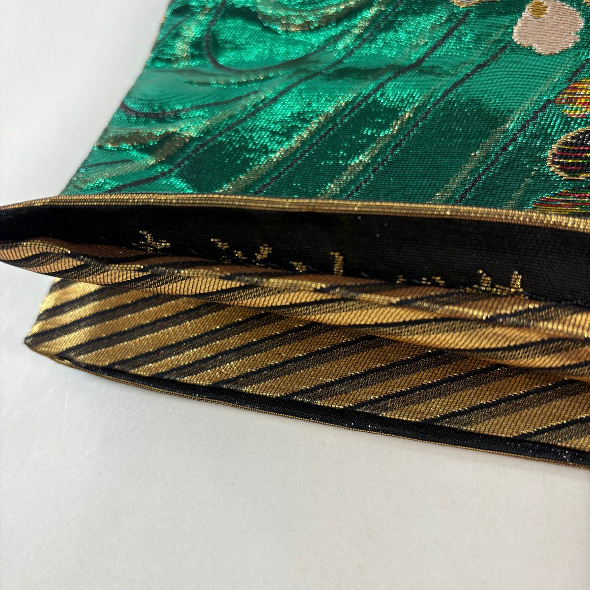 袋帶 秀品級 辻花染 金金箔 綠 六通 純蠶絲