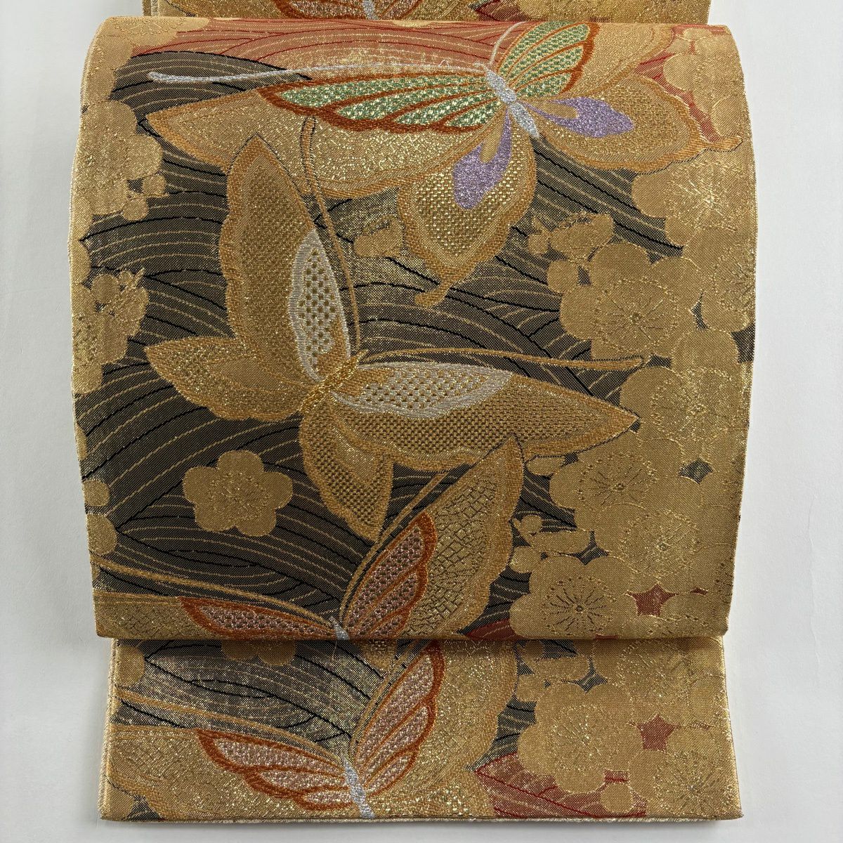 袋帶 秀品級 蝶 梅花 金絲 金金箔 金 六通 純蠶絲
