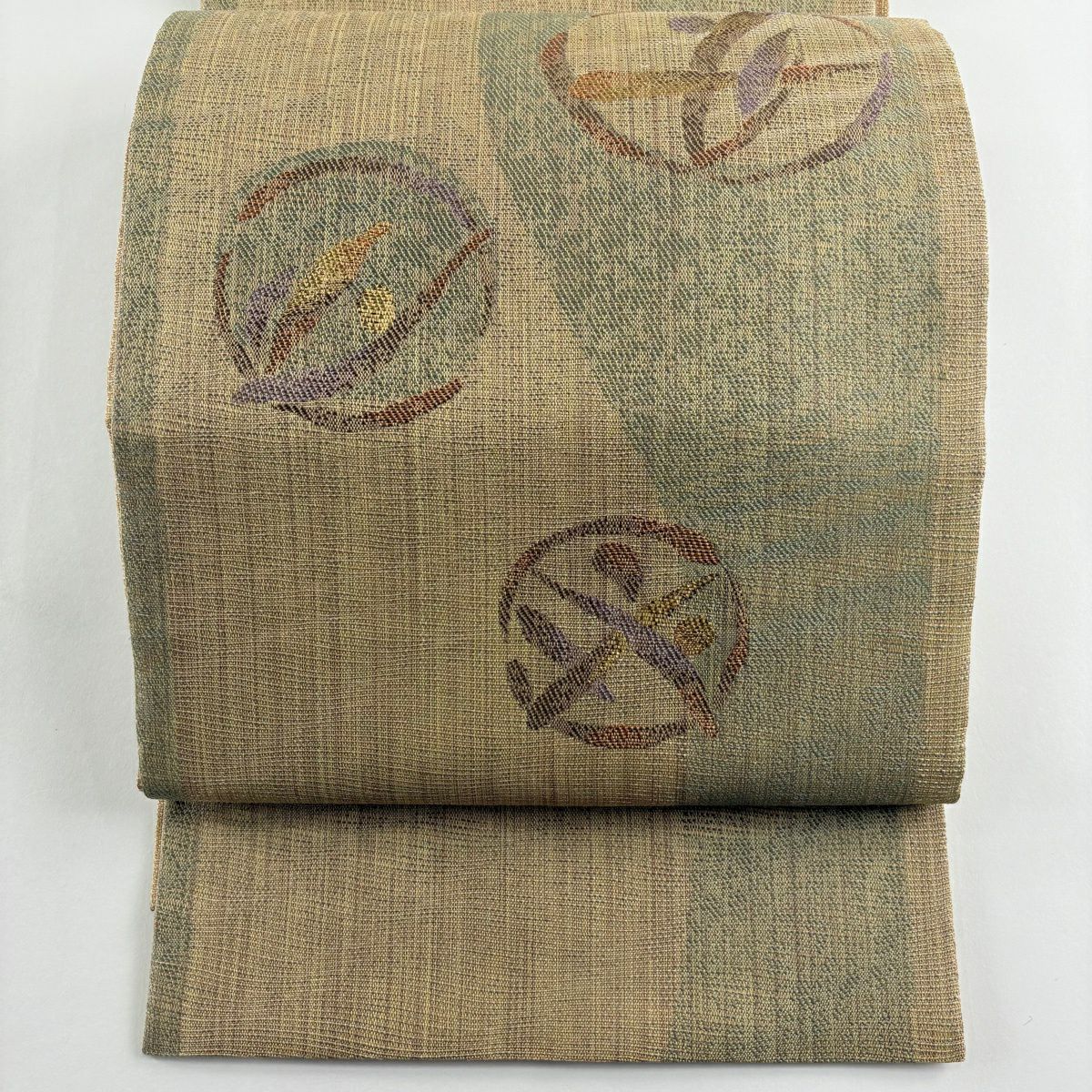 【美品】 袋帶 秀品級 葉 實 金金箔 茶綠 お太鼓圖案 純蠶絲