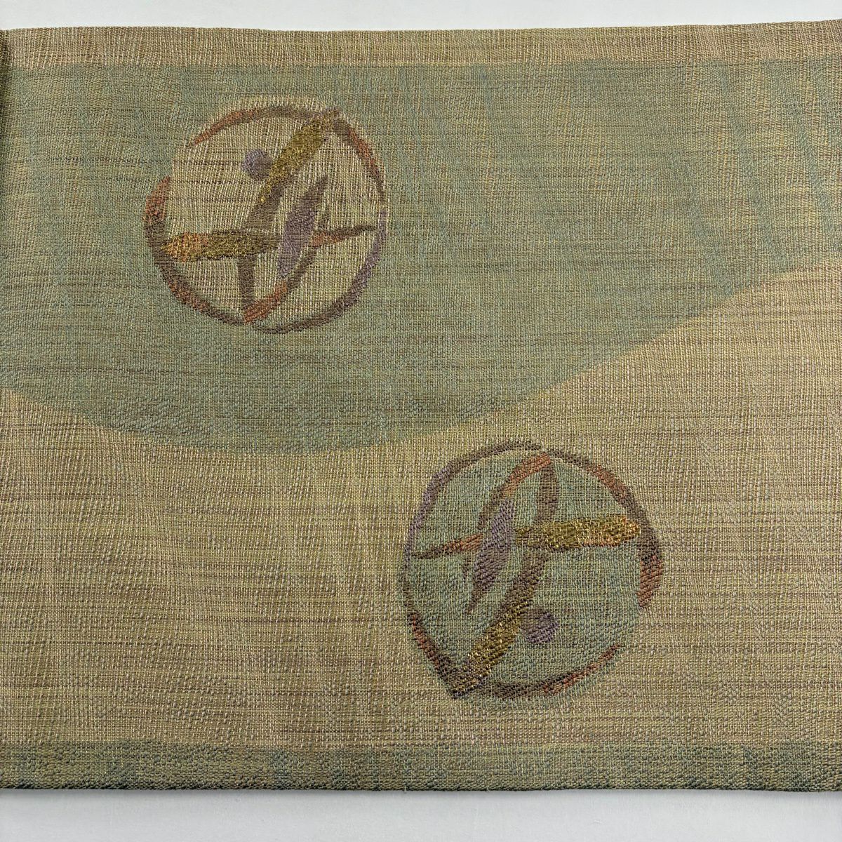 【美品】 袋帶 秀品級 葉 實 金金箔 茶綠 お太鼓圖案 純蠶絲
