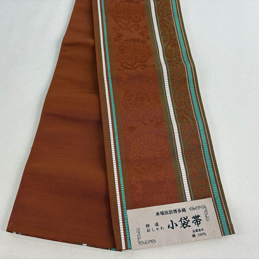 【美品】半幅帶 優品級 博多織 縞 花唐草紋 茶 純蠶絲