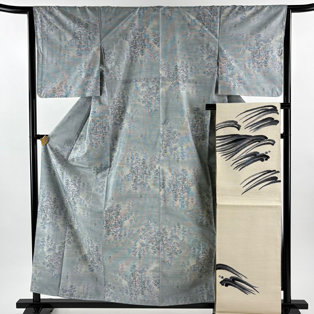 【美品】 紬織 身長159.5cm 袖長65cm M 雙層 袋帶套裝 樹木 青灰色 純蠶絲 秀品級