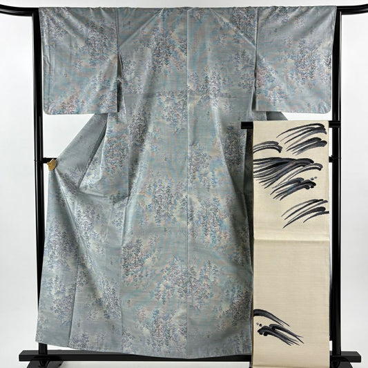 【美品】 紬織 身長159.5cm 袖長65cm M 雙層 袋帶套裝 樹木 青灰色 純蠶絲 秀品級