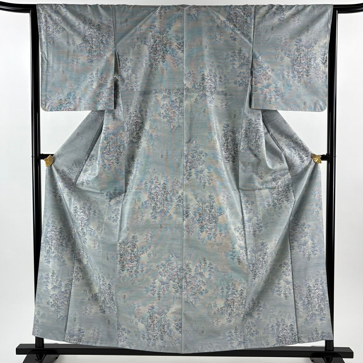 【美品】 紬織 身長159.5cm 袖長65cm M 雙層 袋帶套裝 樹木 青灰色 純蠶絲 秀品級