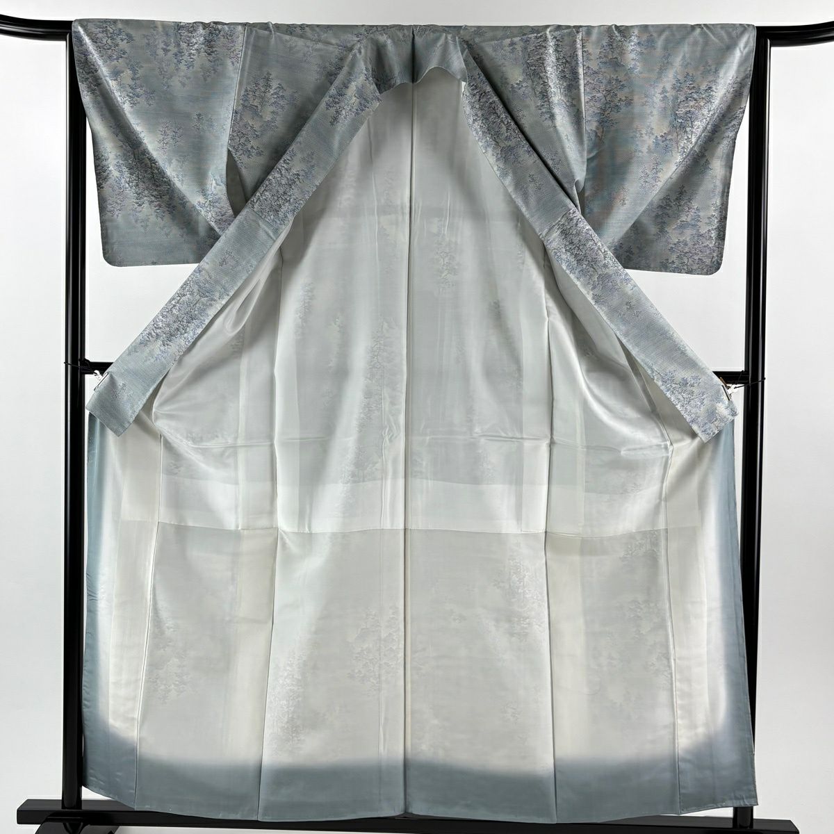 【美品】 紬織 身長159.5cm 袖長65cm M 雙層 袋帶套裝 樹木 青灰色 純蠶絲 秀品級