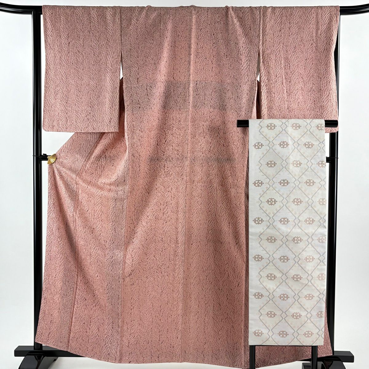 【美品】 小紋 身長161.5cm 袖長67cm M 雙層 名古屋帶套裝 木目絞染 粉紅 純蠶絲 秀品級