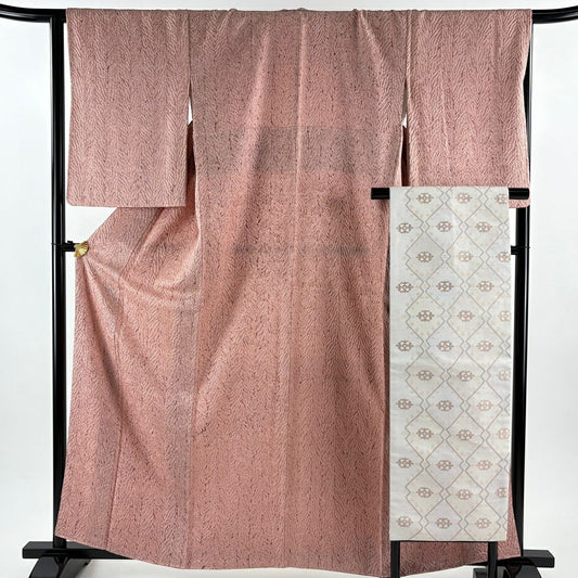 【美品】 小紋 身長161.5cm 袖長67cm M 雙層 名古屋帶套裝 木目絞染 粉紅 純蠶絲 秀品級