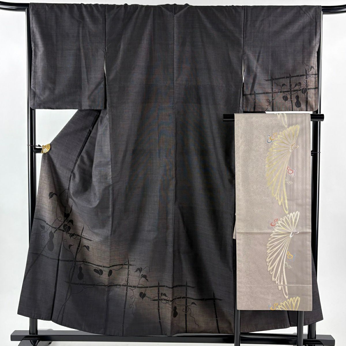 【美品】訪問服 身長156cm 袖長67cm M 雙層 名古屋帶套裝 紬織織 ひょうたん輪廓紋 黑灰 純蠶絲 秀品級