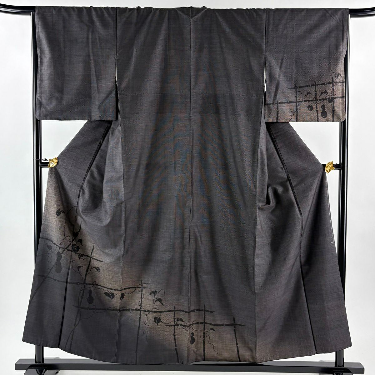 【美品】訪問服 身長156cm 袖長67cm M 雙層 名古屋帶套裝 紬織織 ひょうたん輪廓紋 黑灰 純蠶絲 秀品級