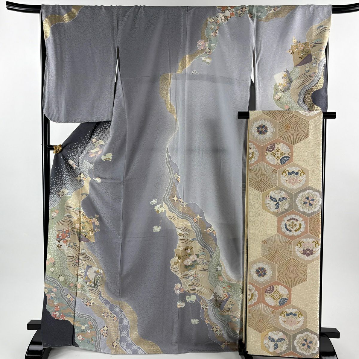 訪問服 身長170cm 袖長69cm L 雙層 袋帶套裝 色紙 松樹竹子梅花 金絲 金銀彩 灰紫 純蠶絲 名品級