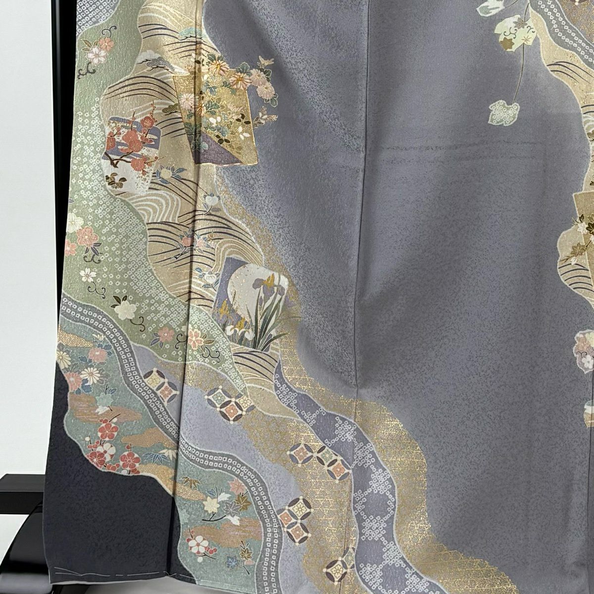 訪問服 身長170cm 袖長69cm L 雙層 袋帶套裝 色紙 松樹竹子梅花 金絲 金銀彩 灰紫 純蠶絲 名品級