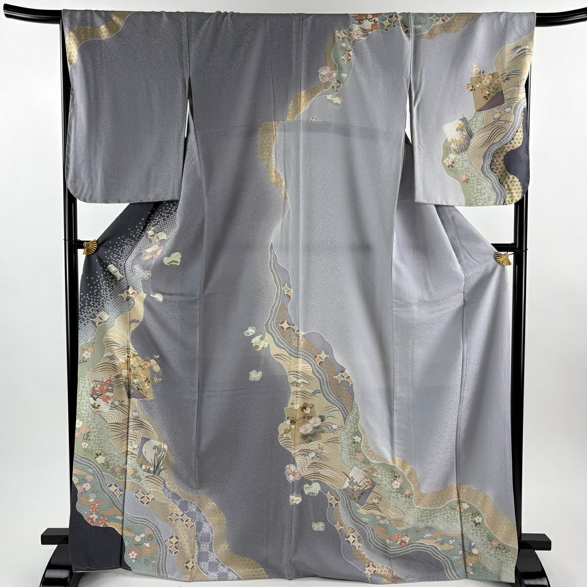 訪問服 身長170cm 袖長69cm L 雙層 袋帶套裝 色紙 松樹竹子梅花 金絲 金銀彩 灰紫 純蠶絲 名品級