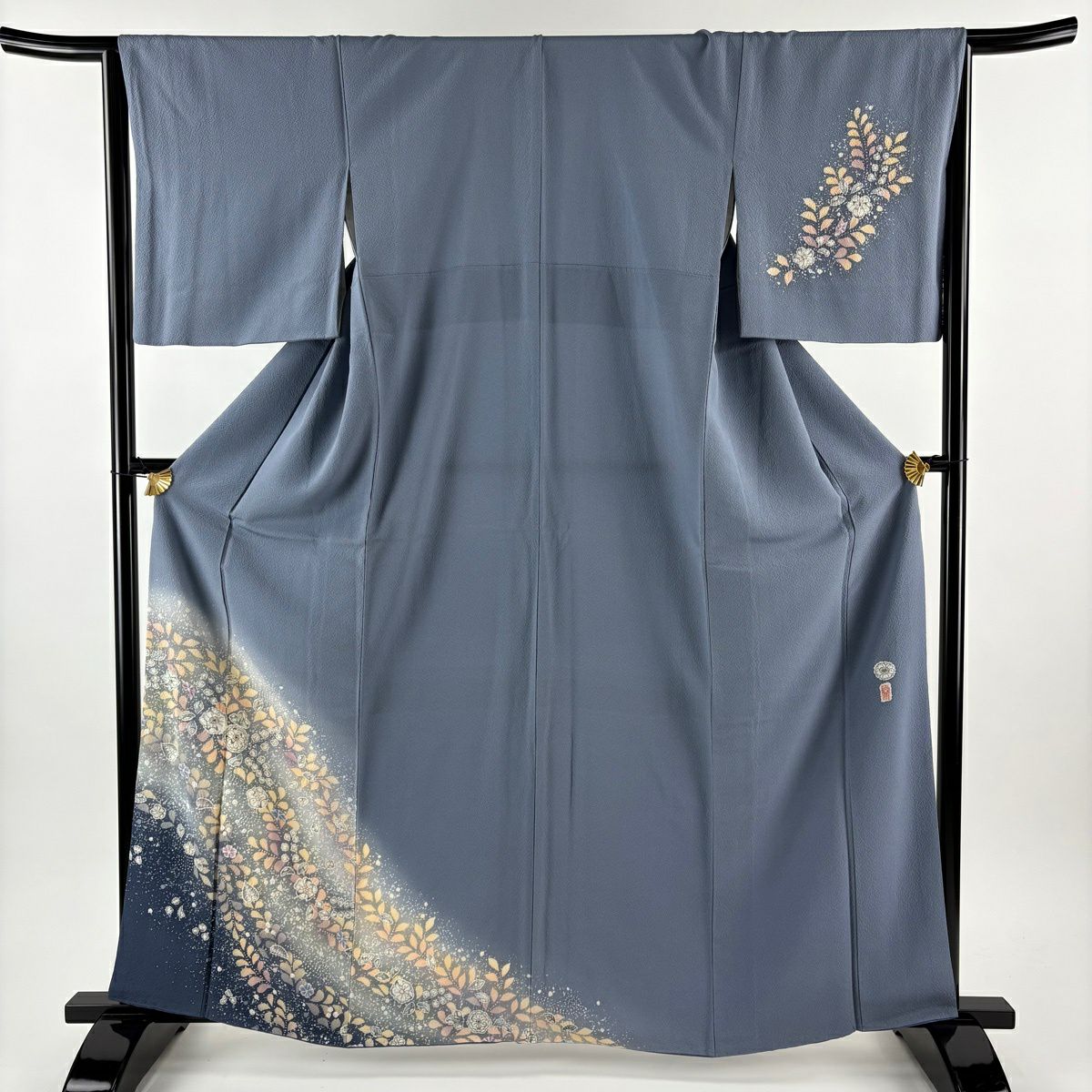 付下 身長163.5cm 袖長65cm M 雙層 翠山工房 大和 有落款 辻花染 漸層 青灰色 純蠶絲 名品級