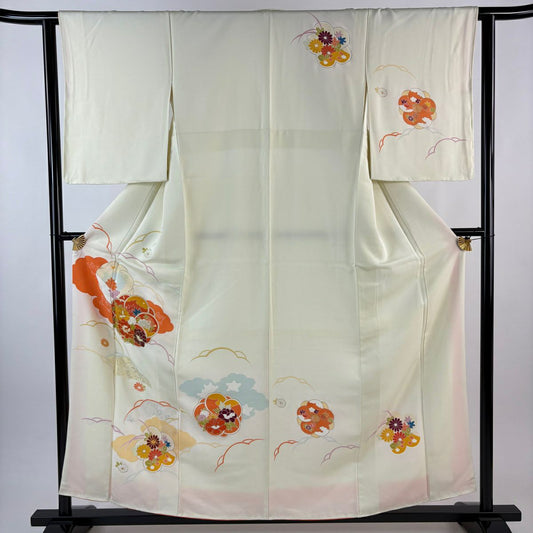 付下 身長157cm 袖長62cm S 雙層 旋梅花 牡丹 金絲 金銀彩 淺黃 純蠶絲 名品級