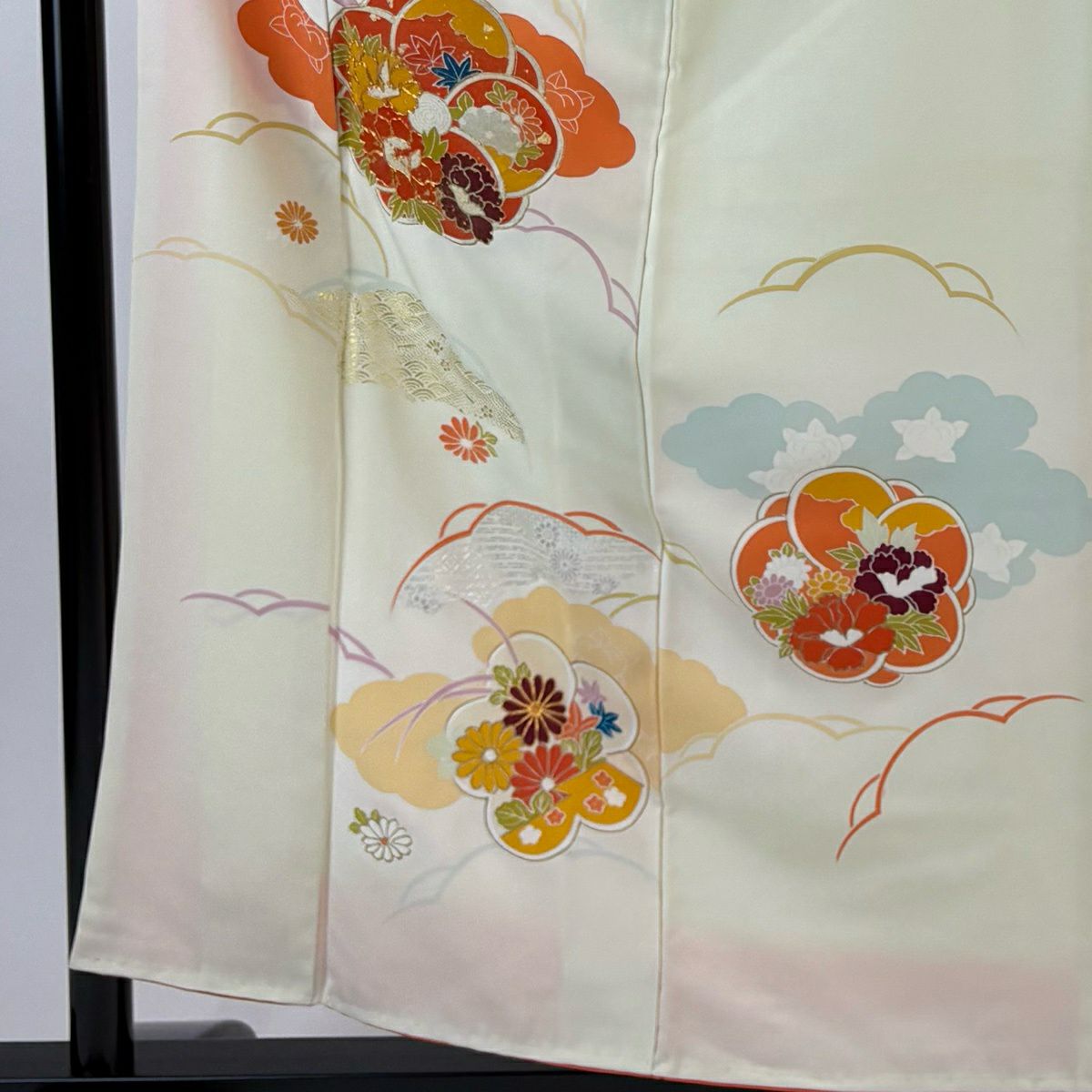付下 身長157cm 袖長62cm S 雙層 旋梅花 牡丹 金絲 金銀彩 淺黃 純蠶絲 名品級
