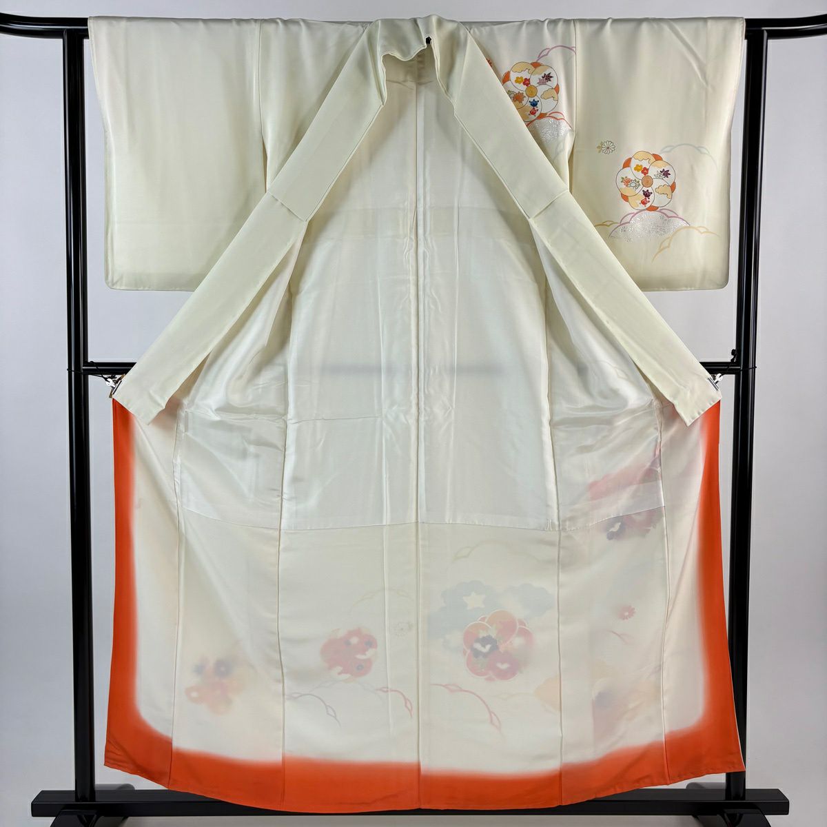 付下 身長157cm 袖長62cm S 雙層 旋梅花 牡丹 金絲 金銀彩 淺黃 純蠶絲 名品級