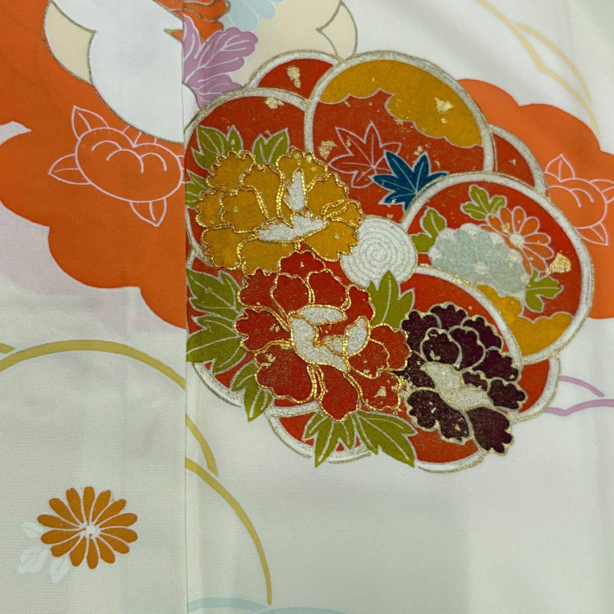 付下 身長157cm 袖長62cm S 雙層 旋梅花 牡丹 金絲 金銀彩 淺黃 純蠶絲 名品級