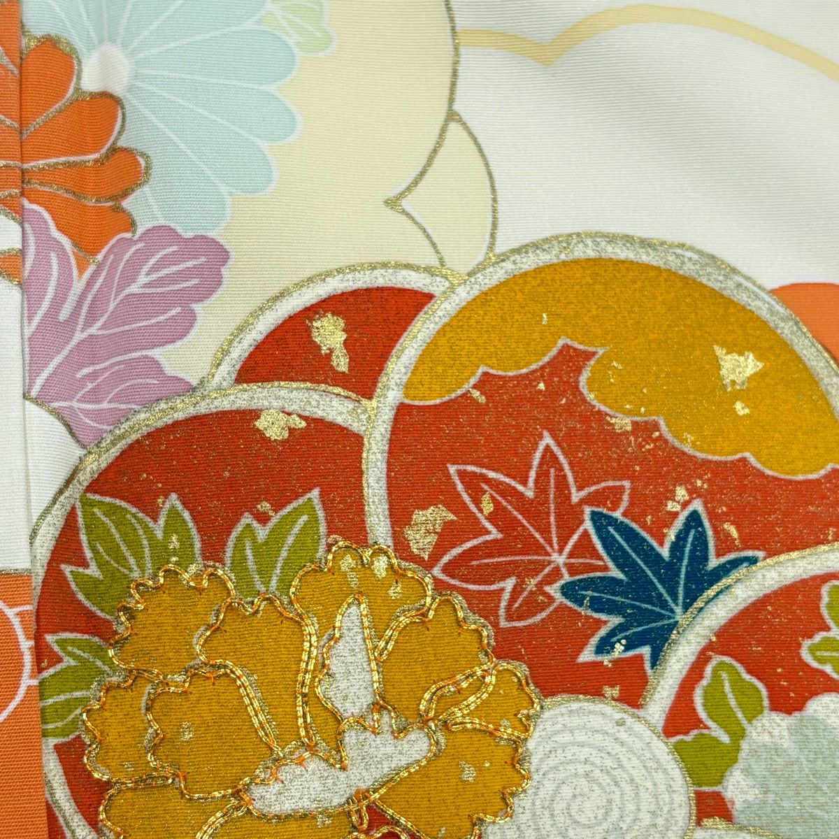 付下 身長157cm 袖長62cm S 雙層 旋梅花 牡丹 金絲 金銀彩 淺黃 純蠶絲 名品級