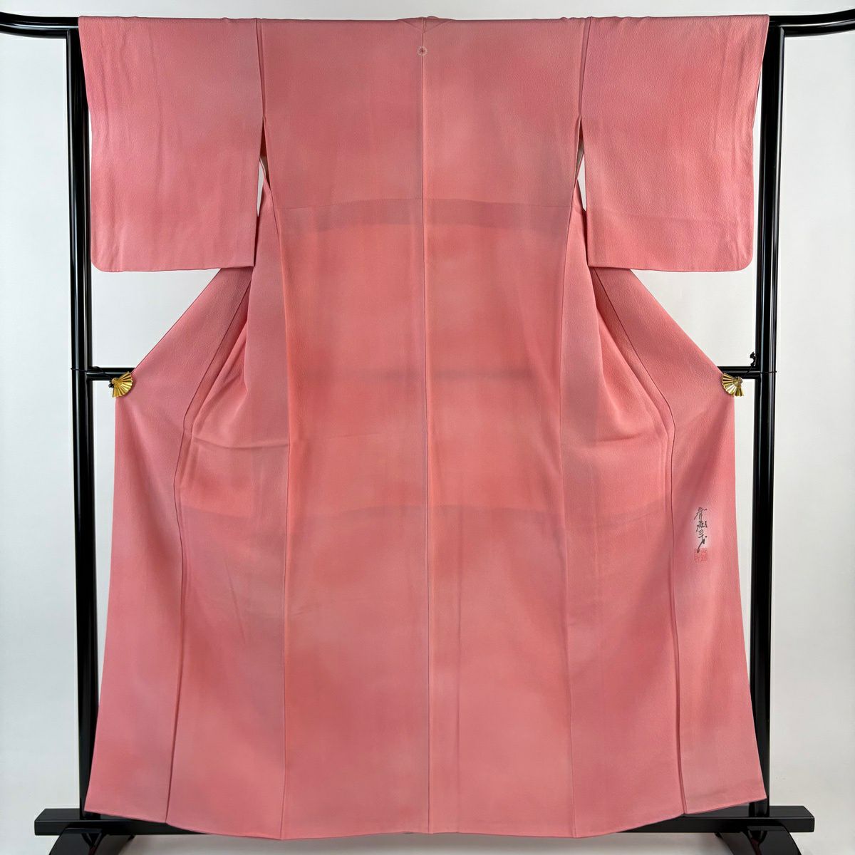 【美品】小紋 身長159.5cm 袖長63cm S 雙層 斉藤三才 落款あり 漸層圖案 粉紅 純蠶絲 名品級 一つ紋