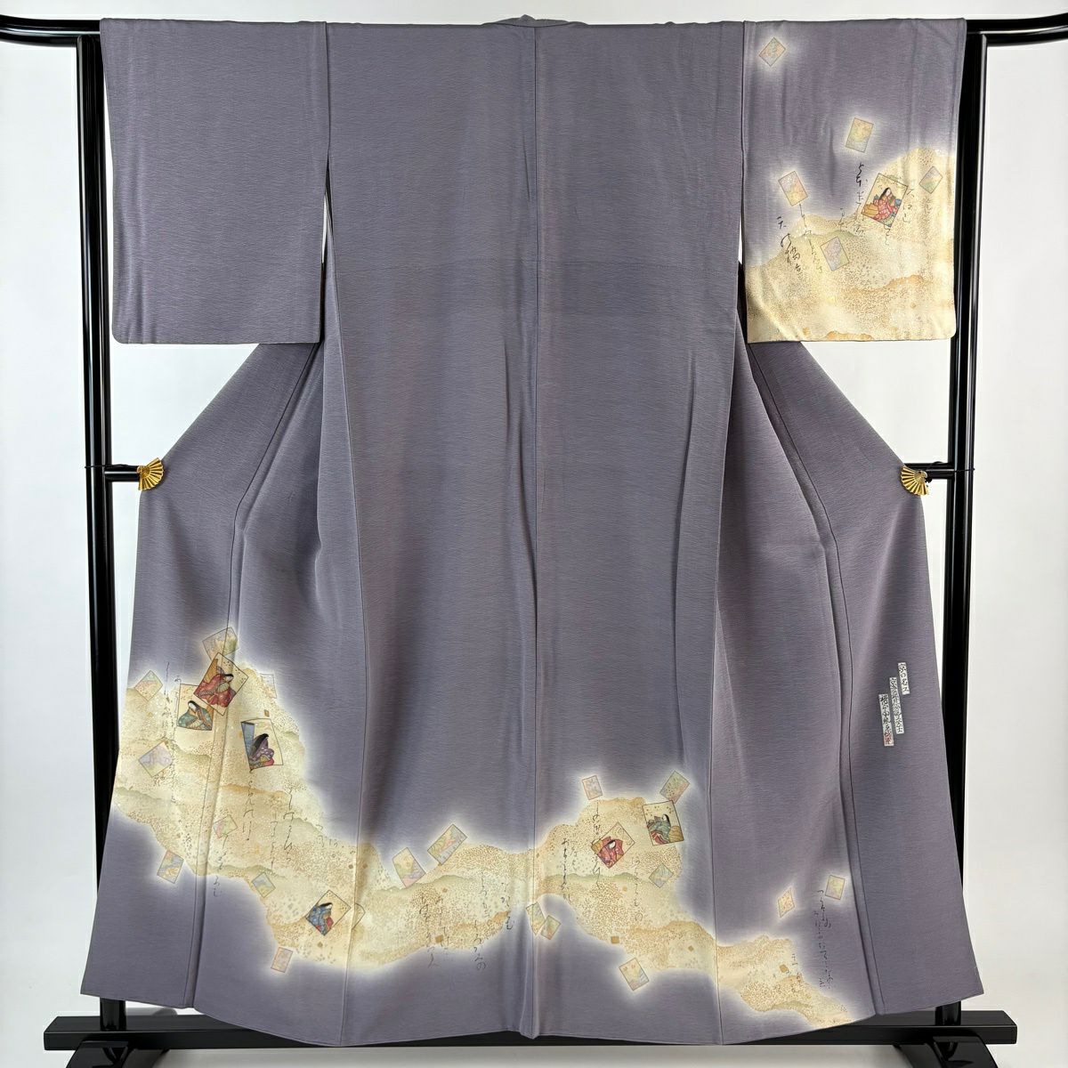 付下 身長157cm 袖長62cm S 雙層 樽本伊勢蔵 有落款 文字文 かるた 金銀彩 灰紫 純蠶絲 名品級