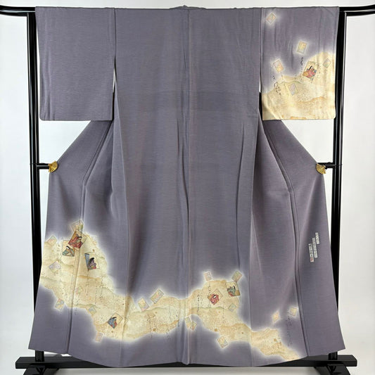 付下 身長157cm 袖長62cm S 雙層 樽本伊勢蔵 有落款 文字文 かるた 金銀彩 灰紫 純蠶絲 名品級