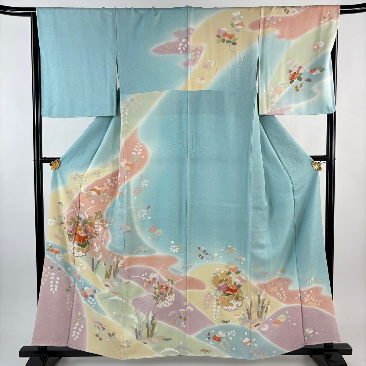 訪問服 身長159cm 袖長65cm M 雙層 雪輪 牡丹 金絲 金銀彩 水色 純蠶絲 名品級