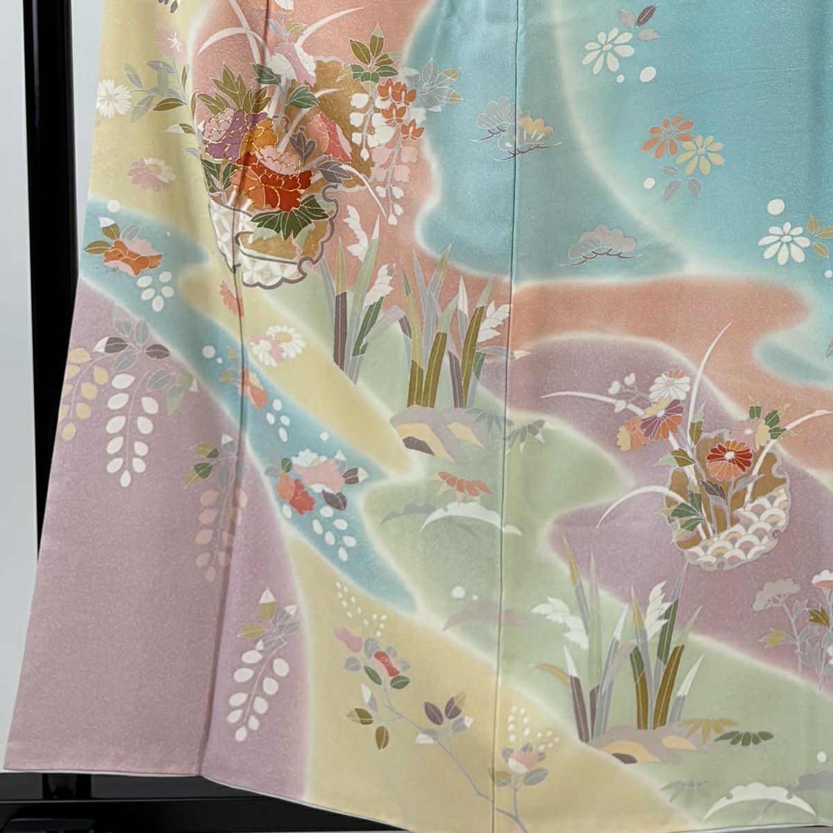 訪問服 身長159cm 袖長65cm M 雙層 雪輪 牡丹 金絲 金銀彩 水色 純蠶絲 名品級