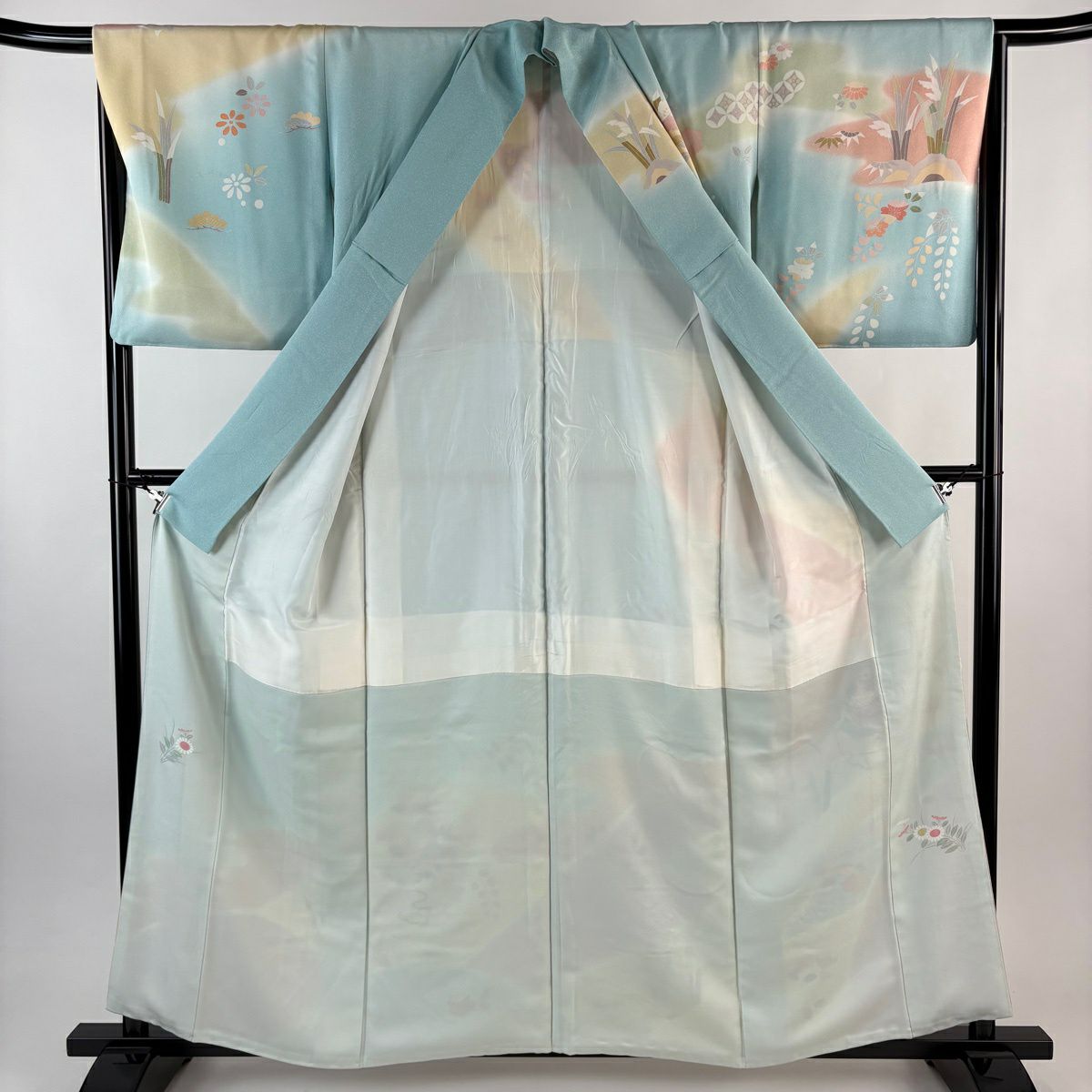 訪問服 身長159cm 袖長65cm M 雙層 雪輪 牡丹 金絲 金銀彩 水色 純蠶絲 名品級