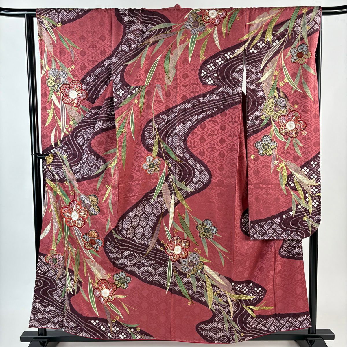 振袖禮服 身長158cm 袖長64cm M 雙層 梅花 流水 金糸 絞染 深粉紅 純蠶絲 名品級