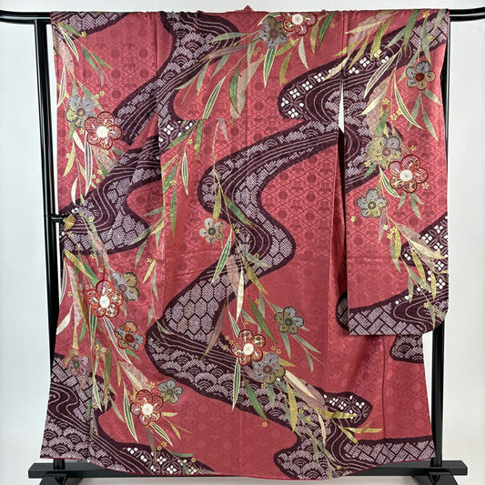 振袖禮服 身長158cm 袖長64cm M 雙層 梅花 流水 金糸 絞染 深粉紅 純蠶絲 名品級