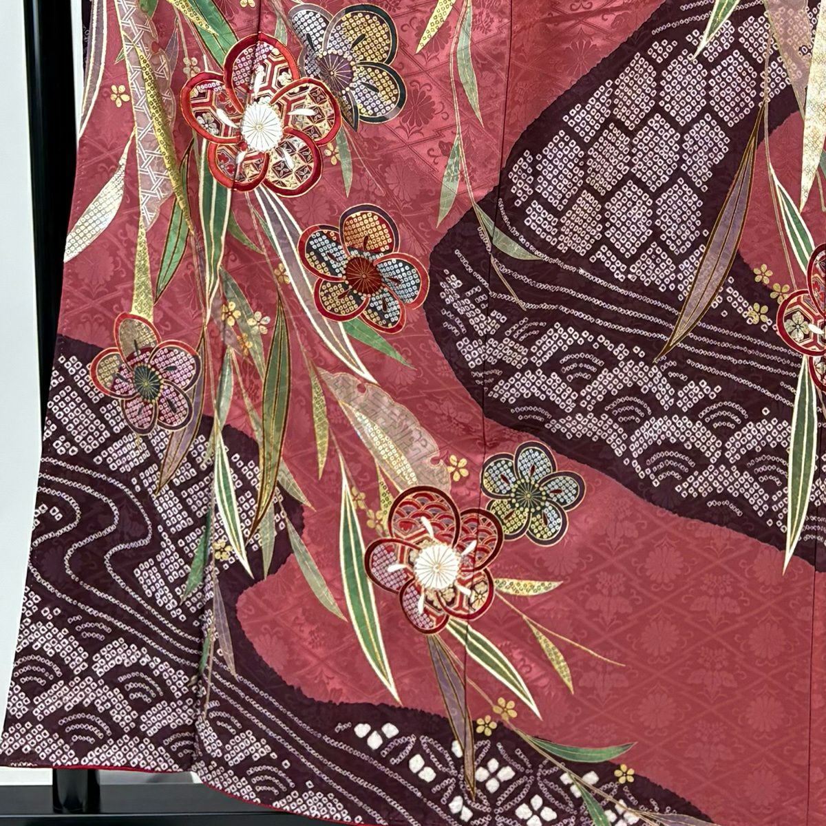振袖禮服 身長158cm 袖長64cm M 雙層 梅花 流水 金糸 絞染 深粉紅 純蠶絲 名品級