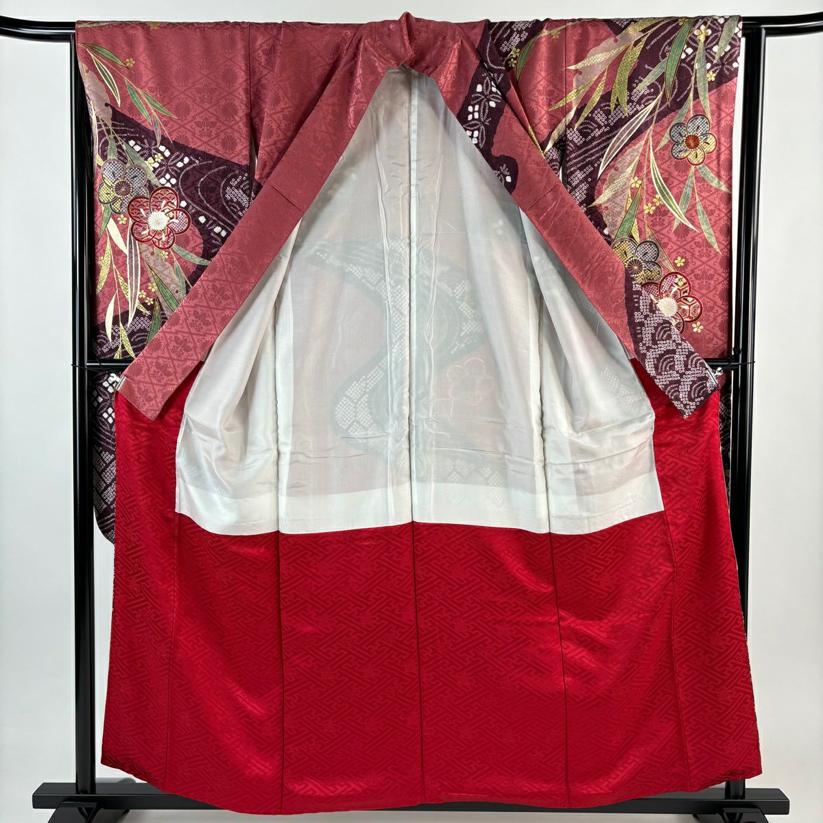 振袖禮服 身長158cm 袖長64cm M 雙層 梅花 流水 金糸 絞染 深粉紅 純蠶絲 名品級