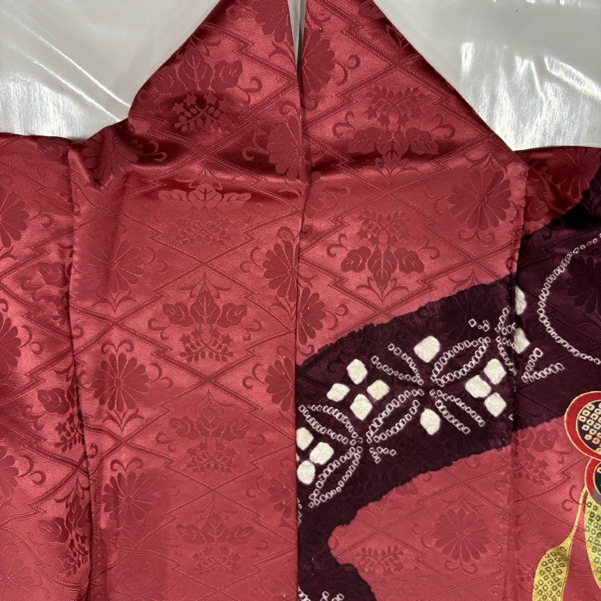 振袖禮服 身長158cm 袖長64cm M 雙層 梅花 流水 金糸 絞染 深粉紅 純蠶絲 名品級