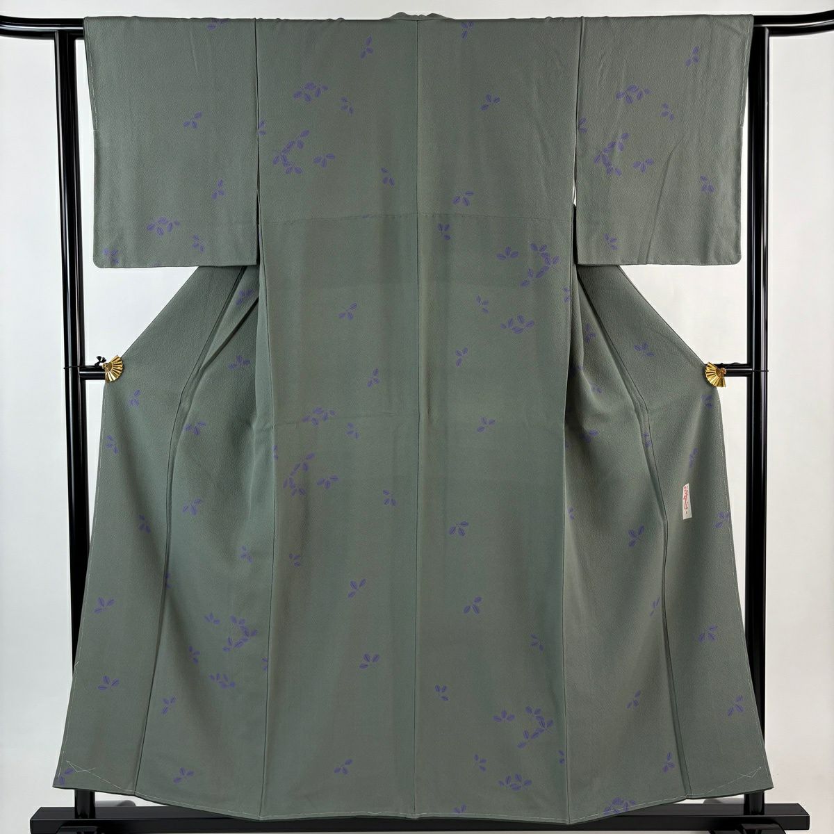 小紋 身長155.5cm 袖長62cm S 雙層 辻村ジュサブロー 有落款 萩 絞織 灰綠 純蠶絲 名品級