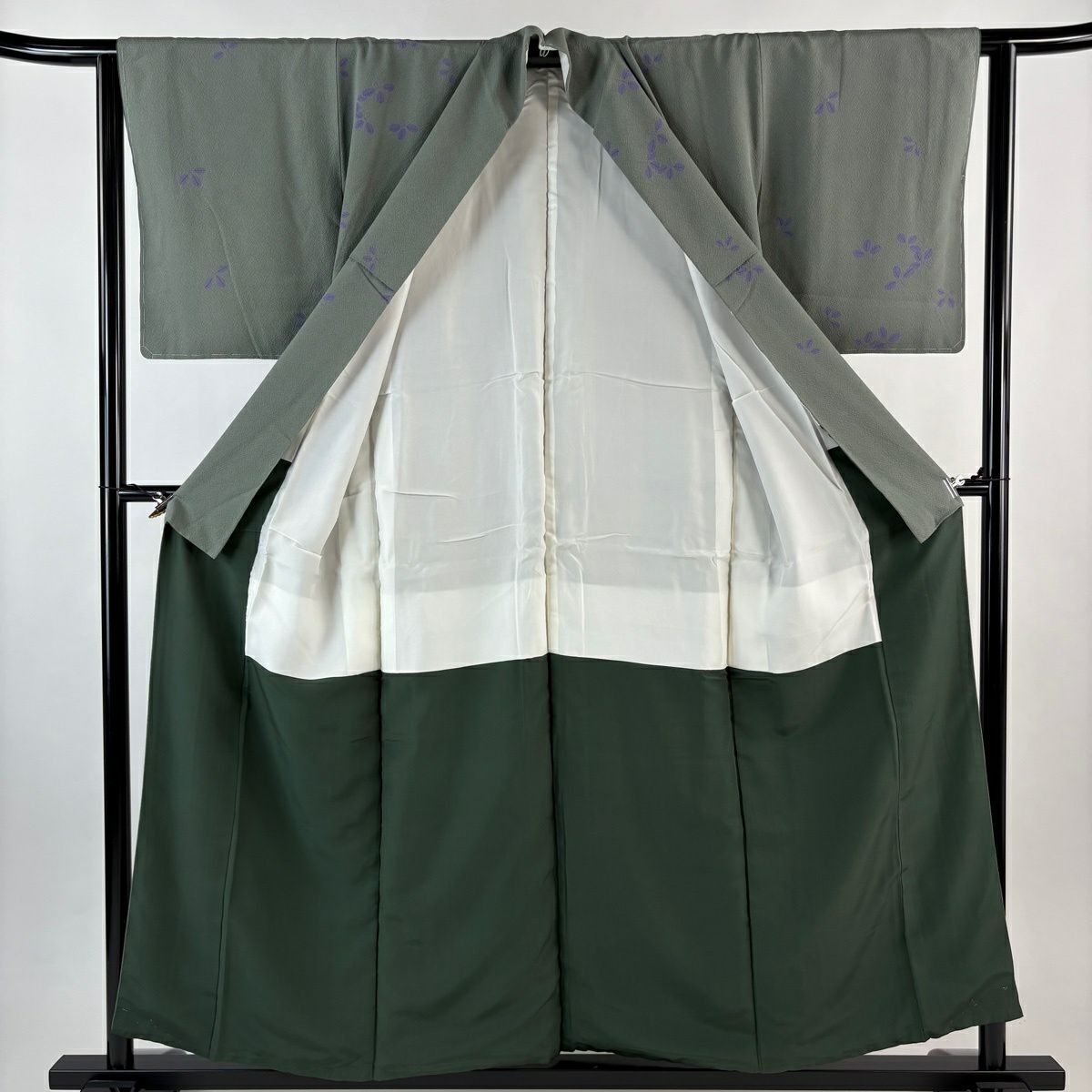 小紋 身長155.5cm 袖長62cm S 雙層 辻村ジュサブロー 有落款 萩 絞織 灰綠 純蠶絲 名品級