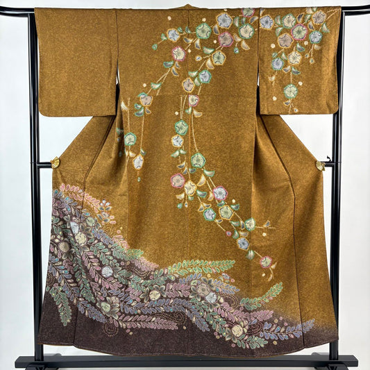 【美品】訪問服 身長155.5cm 袖長63cm S 雙層 辻花染 染分 ぼかし 山吹茶 純蠶絲 名品級