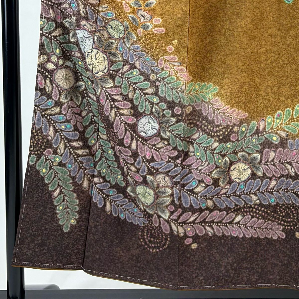 【美品】訪問服 身長155.5cm 袖長63cm S 雙層 辻花染 染分 ぼかし 山吹茶 純蠶絲 名品級