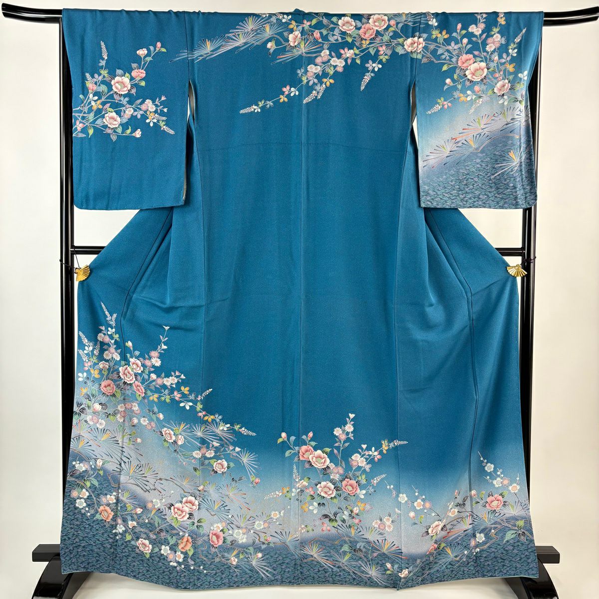 訪問服 身長167cm 袖長66.5cm M 雙層 枝花 松樹梅花 金彩裝飾 漸變 青 純蠶絲 名品級