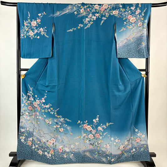 訪問服 身長167cm 袖長66.5cm M 雙層 枝花 松樹梅花 金彩裝飾 漸變 青 純蠶絲 名品級