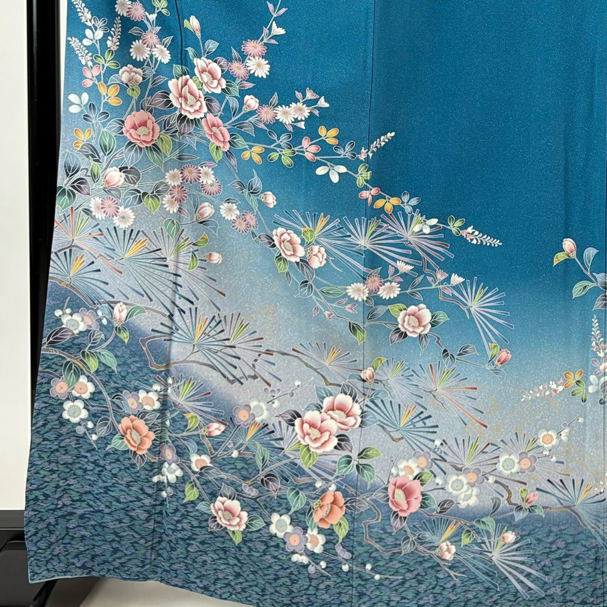 訪問服 身長167cm 袖長66.5cm M 雙層 枝花 松樹梅花 金彩裝飾 漸變 青 純蠶絲 名品級