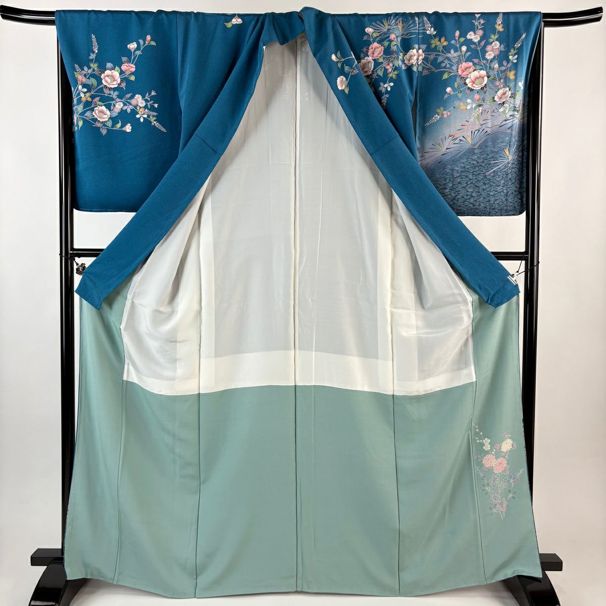 訪問服 身長167cm 袖長66.5cm M 雙層 枝花 松樹梅花 金彩裝飾 漸變 青 純蠶絲 名品級