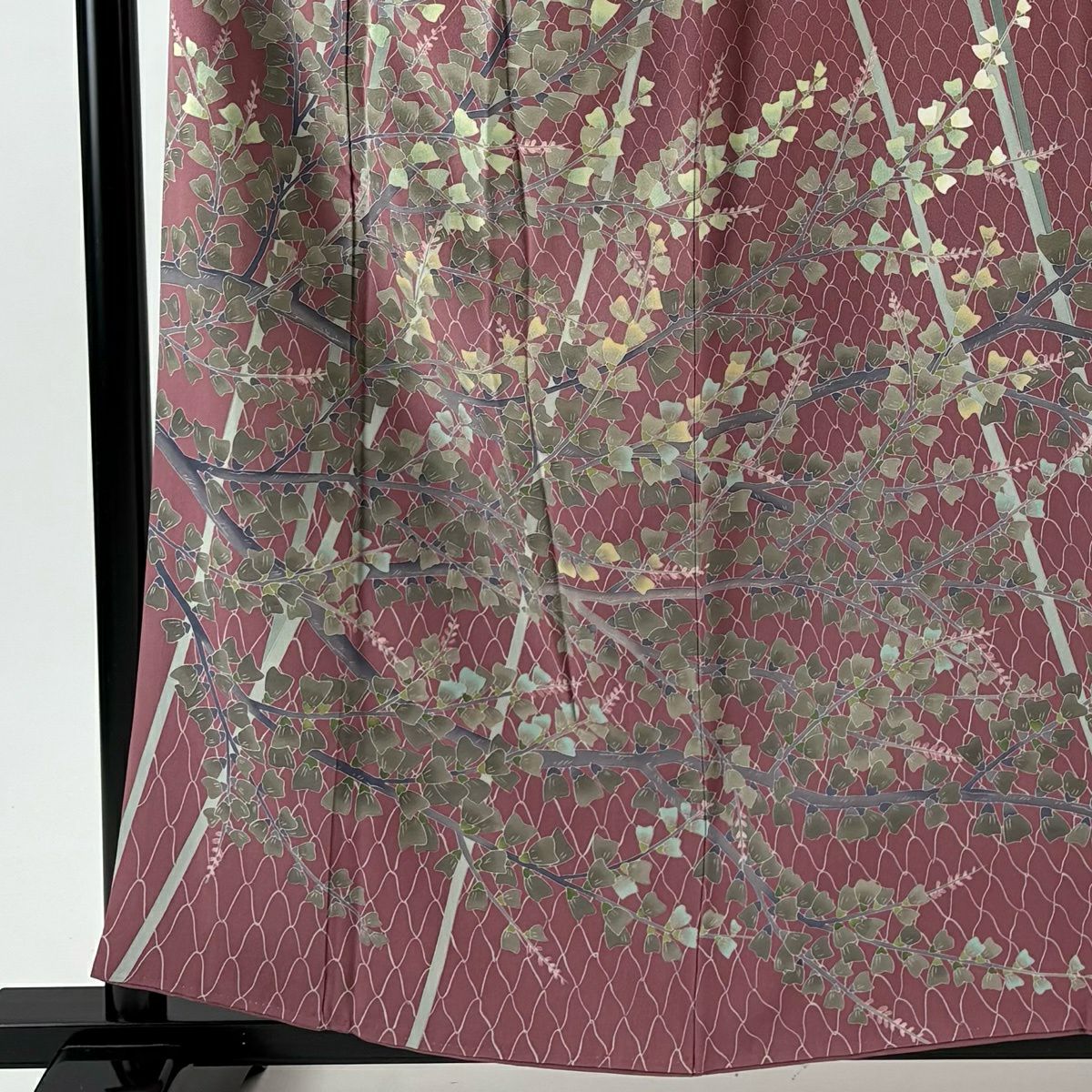 訪問服 身長158cm 袖長66cm M 雙層 落款 草花紋紋 網目 紅紫 純蠶絲 名品級
